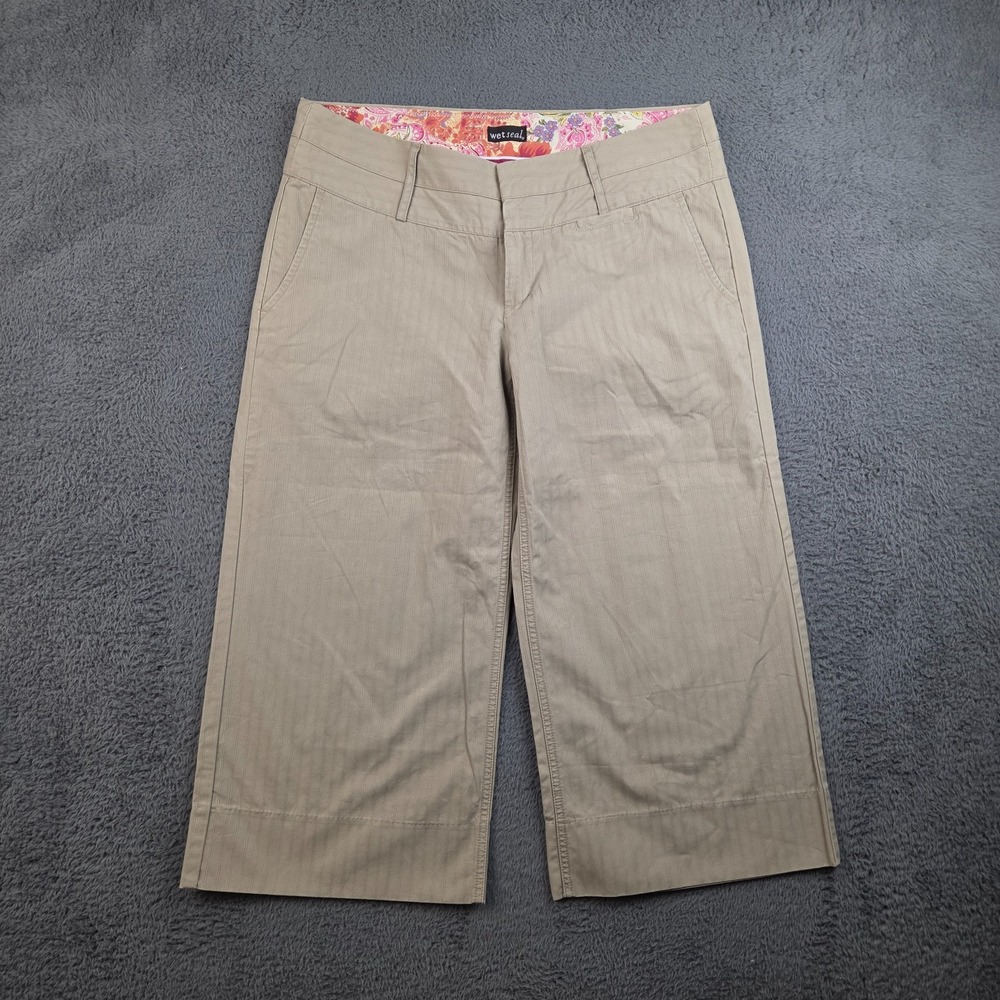 Y2K Wet Seal Capri Pants Women's 11 Cropped Wide Leg Tan Khaki Striped Skater